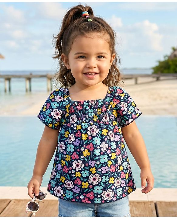 Babyhug 100 % Cotton Knit Puffed Sleeves Top with Smock Detailing & Floral Print - Navy Blue