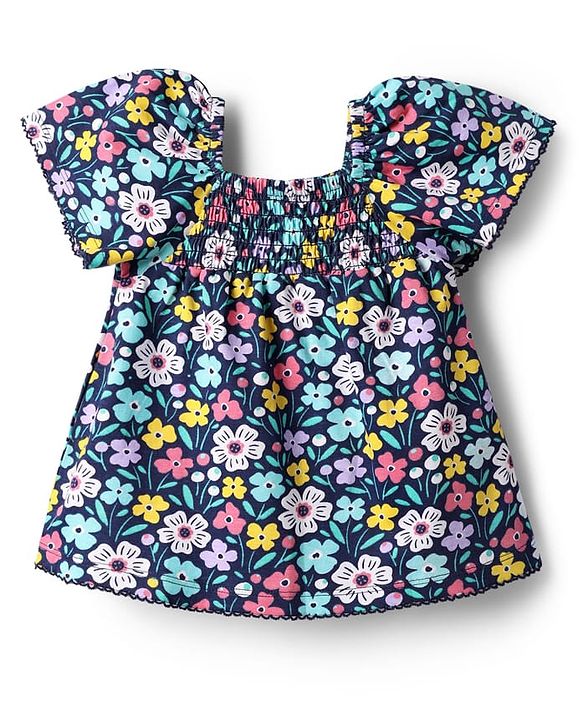 Babyhug 100 % Cotton Knit Puffed Sleeves Top with Smock Detailing & Floral Print - Navy Blue