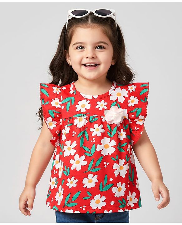 Babyhug 100% Cotton Knit Frill Sleeves Floral Printed Top - Red