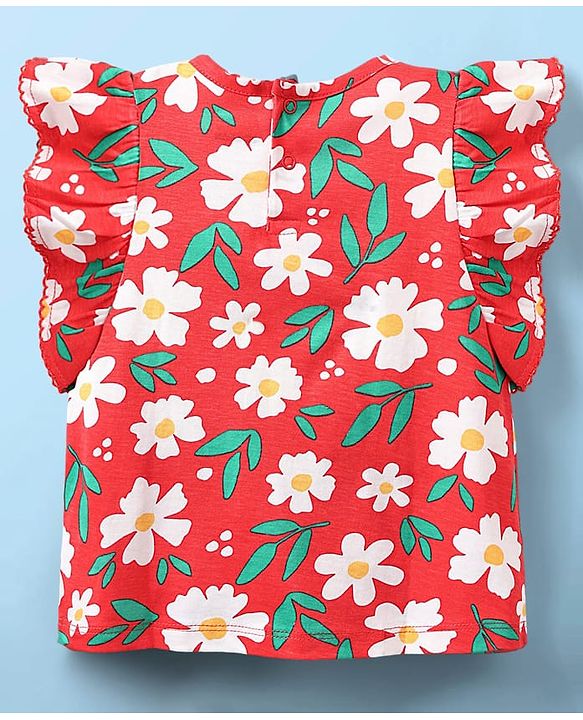 Babyhug 100% Cotton Knit Frill Sleeves Floral Printed Top - Red