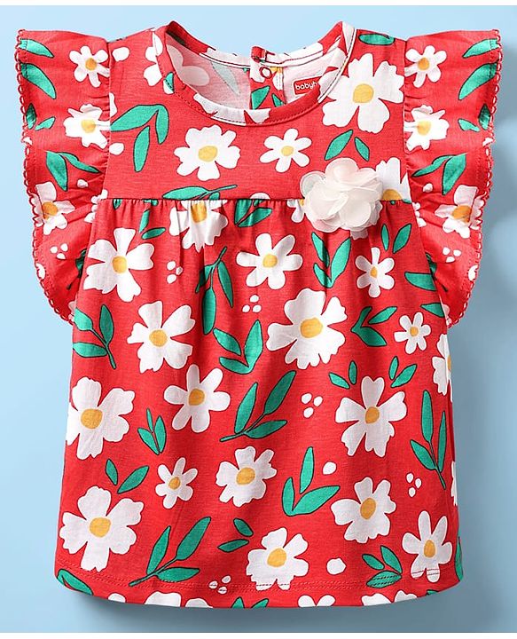 Babyhug 100% Cotton Knit Frill Sleeves Floral Printed Top - Red