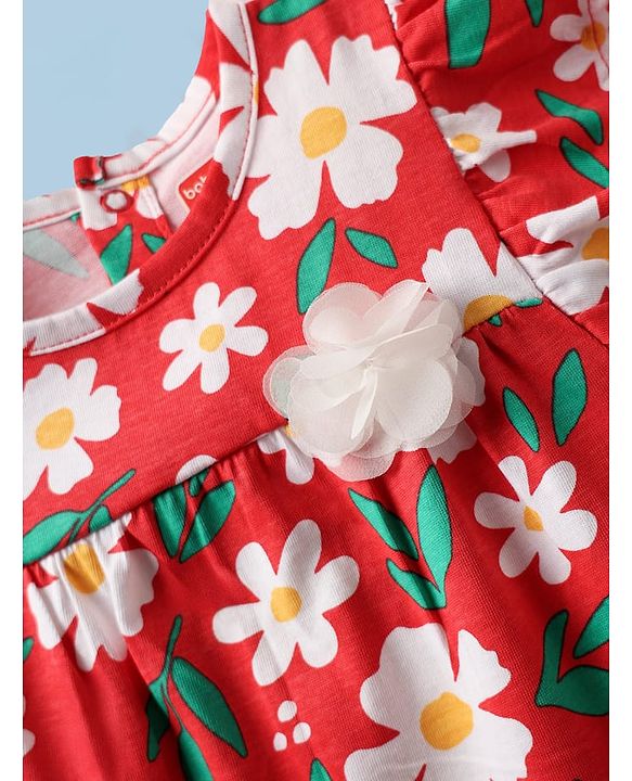 Babyhug 100% Cotton Knit Frill Sleeves Floral Printed Top - Red