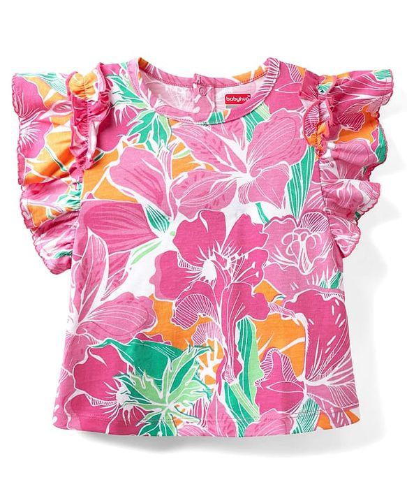 Babyhug Cotton Knit  Frill Sleeves Top with Print - Pink