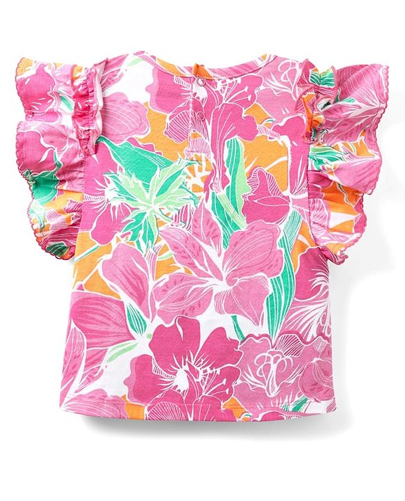 Babyhug Cotton Knit  Frill Sleeves Top with Print - Pink