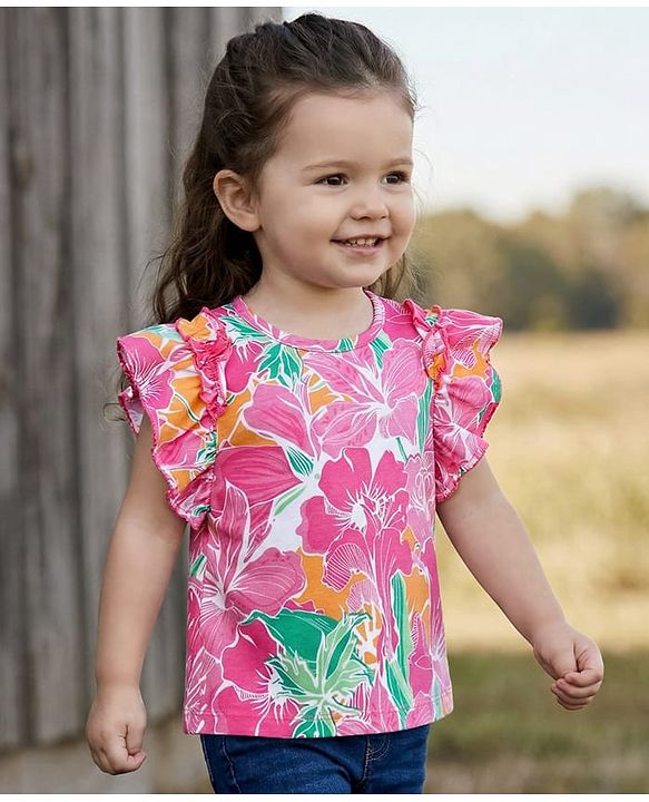 Babyhug Cotton Knit  Frill Sleeves Top with Print - Pink