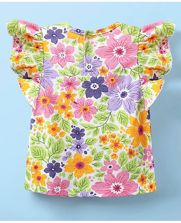 Babyhug 100% Cotton Knit Frill Sleeves Floral Printed Top - White