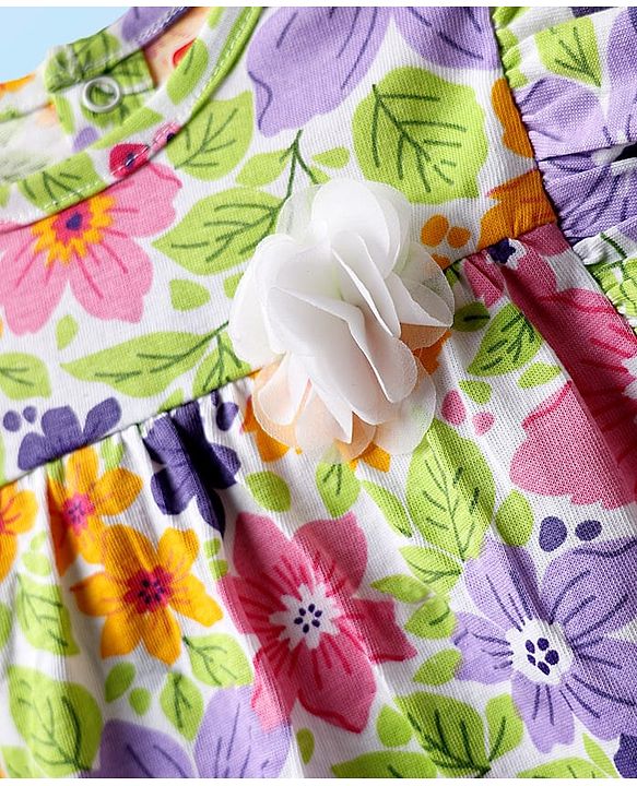Babyhug 100% Cotton Knit Frill Sleeves Floral Printed Top - White