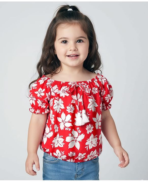 Babyhug 100% Cotton Knit Puffed Sleeves Top With Floral Print - Red