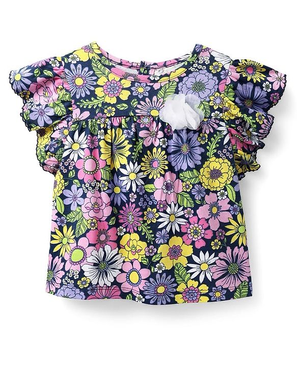Babyhug 100 % Cotton Knit Frill Sleeves Top with Floral Print - Navy Blue