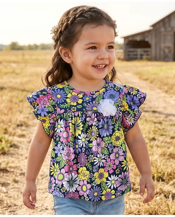 Babyhug 100 % Cotton Knit Frill Sleeves Top with Floral Print - Navy Blue