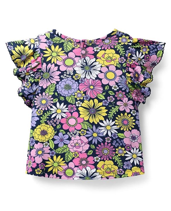 Babyhug 100 % Cotton Knit Frill Sleeves Top with Floral Print - Navy Blue