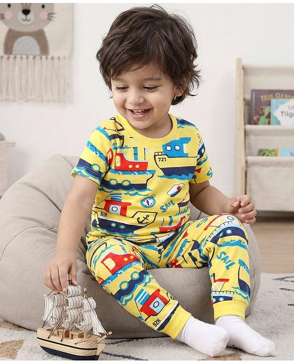 Babyhug Cotton Knit Half Sleeves Co-Ords Nightsuit With Nautical Theme Print - Yellow