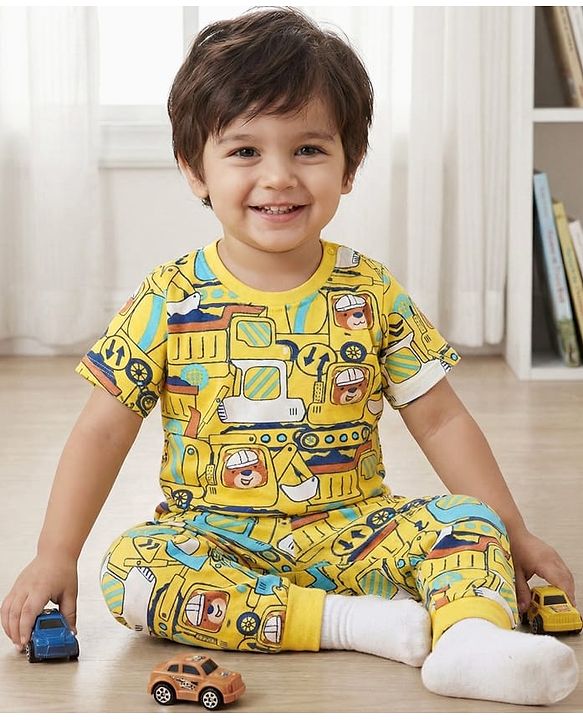 Babyhug Cotton Knit Half Sleeves Co-Ords Nightsuit With Vehicles Print - Yellow