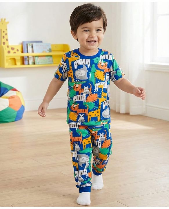 Babyhug Cotton Knit  Full Sleeves Deer & Floral Print Night Suit - Navy Blue main image 0