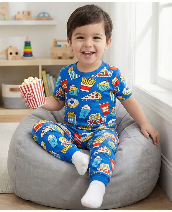 Babyhug Cotton Knit Half Sleeves Printed Co-Ord Night Suit - Blue