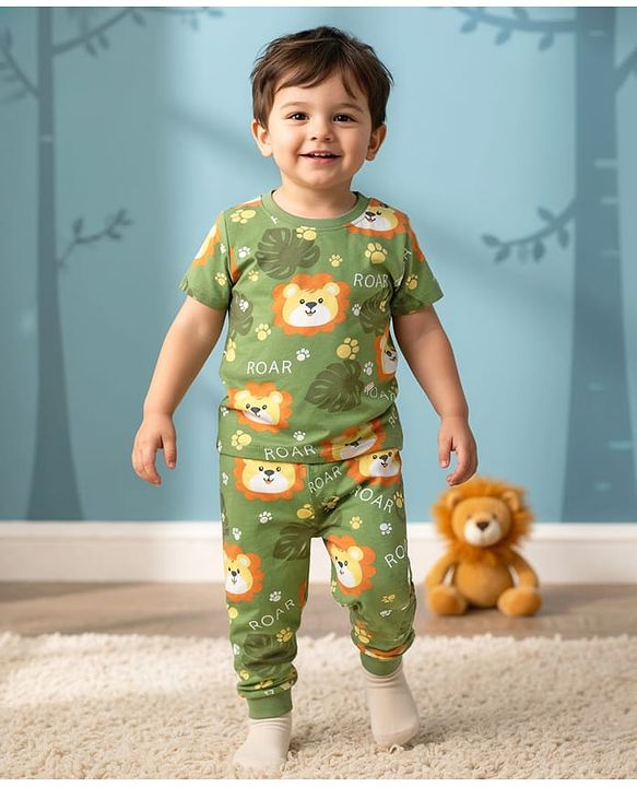 Babyhug Cotton Knit Half Sleeves Co-Ords Nightsuit With Animal Print - Green