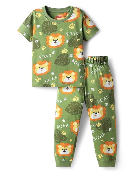 Babyhug Cotton Knit Half Sleeves Co-Ords Nightsuit With Animal Print - Green