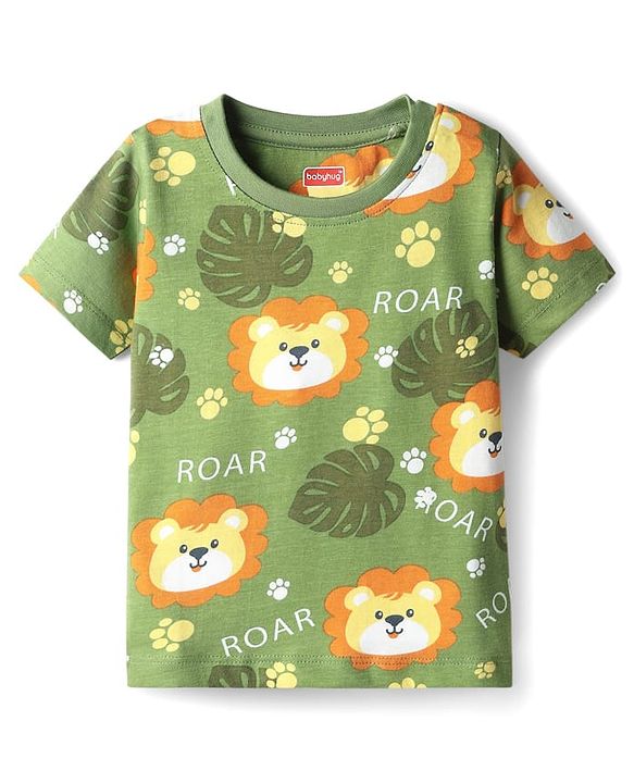 Babyhug Cotton Knit Half Sleeves Co-Ords Nightsuit With Animal Print - Green