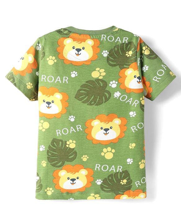 Babyhug Cotton Knit Half Sleeves Co-Ords Nightsuit With Animal Print - Green