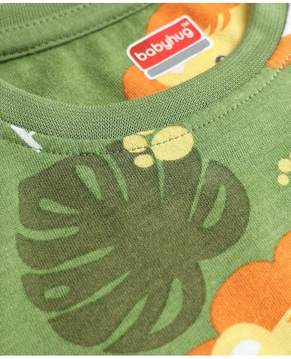Babyhug Cotton Knit Half Sleeves Co-Ords Nightsuit With Animal Print - Green
