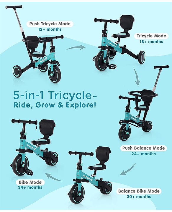 Babyhug Most Advanced 5 in 1 Tricycle with Adjustable Parent Handle - Aqua Blue