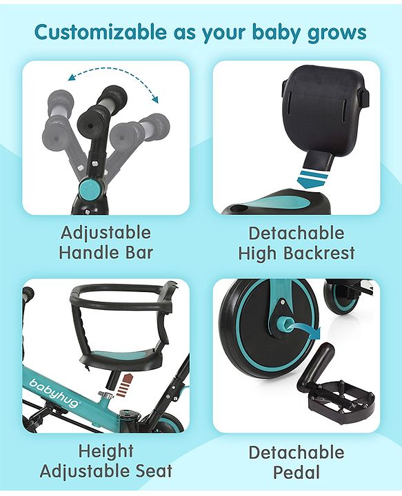 Babyhug Most Advanced 5 in 1 Tricycle with Adjustable Parent Handle - Aqua Blue