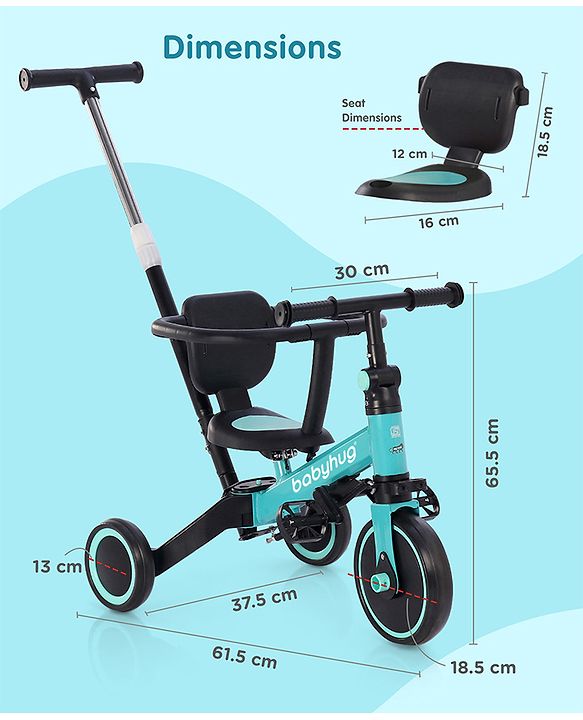 Babyhug Most Advanced 5 in 1 Tricycle with Adjustable Parent Handle - Aqua Blue