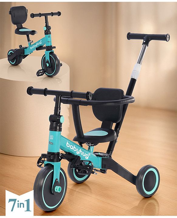 Babyhug 7 in 1 Baby Cycle Tricycle with Adjustable Parent Handle - Aqua Blue