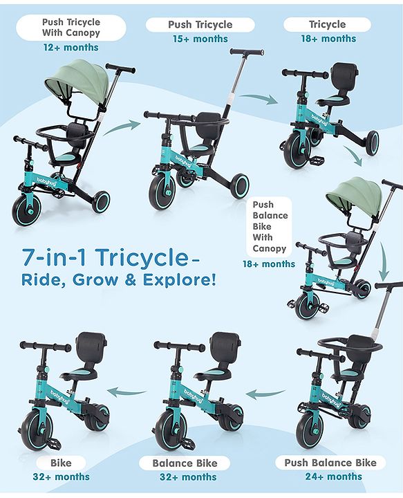 Babyhug 7 in 1 Baby Cycle Tricycle with Adjustable Parent Handle - Aqua Blue