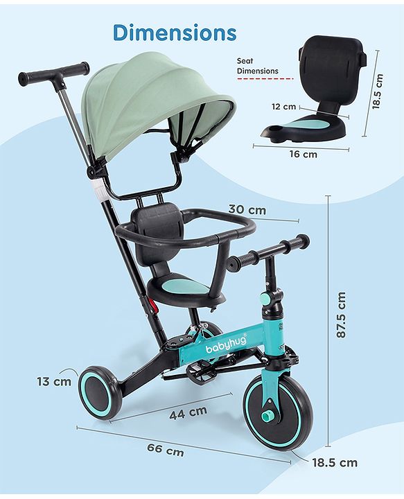Babyhug 7 in 1 Baby Cycle Tricycle with Adjustable Parent Handle - Aqua Blue
