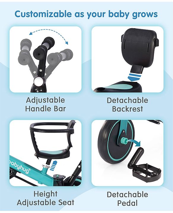Babyhug 7 in 1 Baby Cycle Tricycle with Adjustable Parent Handle - Aqua Blue
