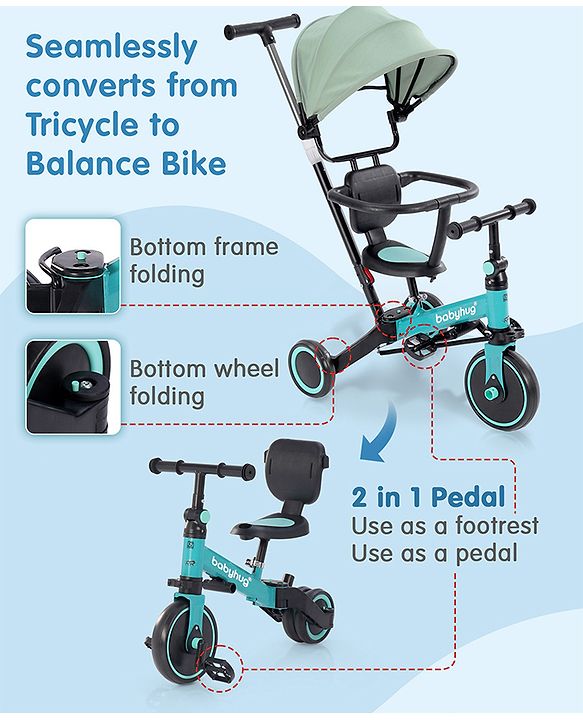 Babyhug 7 in 1 Baby Cycle Tricycle with Adjustable Parent Handle - Aqua Blue