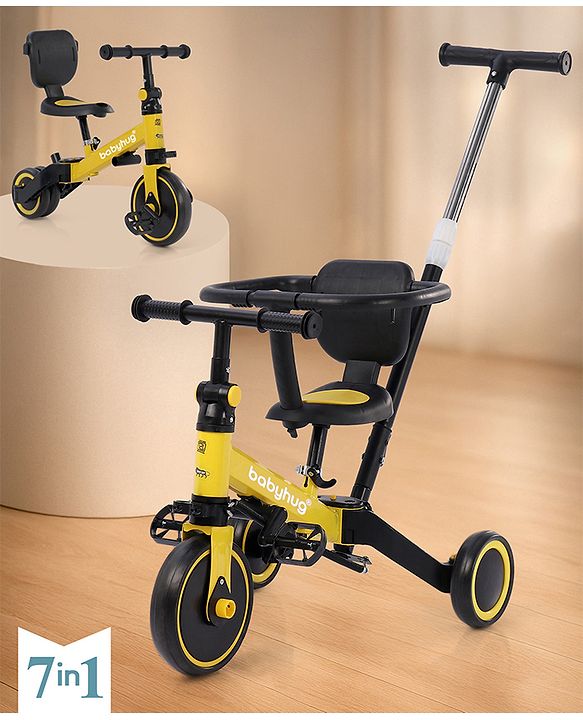 Babyhug 7 in 1 Baby Cycle Tricycle with Adjustable Parent Handle - Yellow