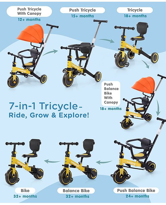 Babyhug 7 in 1 Baby Cycle Tricycle with Adjustable Parent Handle - Yellow