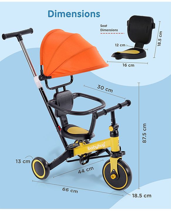 Babyhug 7 in 1 Baby Cycle Tricycle with Adjustable Parent Handle - Yellow