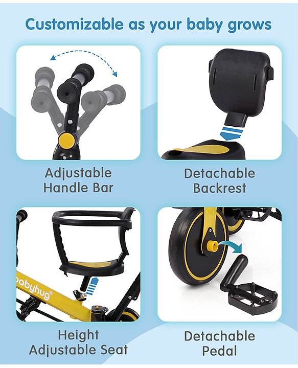 Babyhug 7 in 1 Baby Cycle Tricycle with Adjustable Parent Handle - Yellow