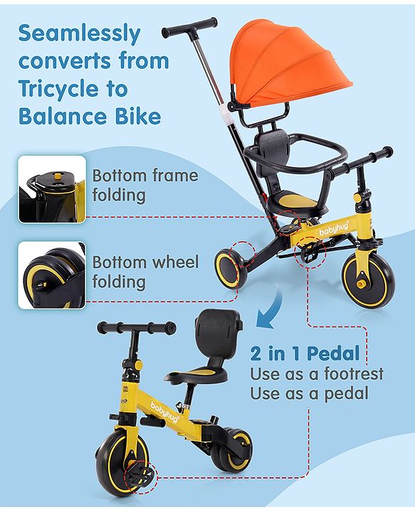 Babyhug 7 in 1 Baby Cycle Tricycle with Adjustable Parent Handle - Yellow