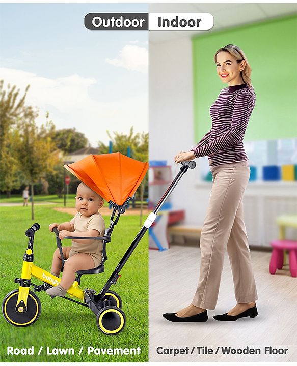 Babyhug 7 in 1 Baby Cycle Tricycle with Adjustable Parent Handle - Yellow