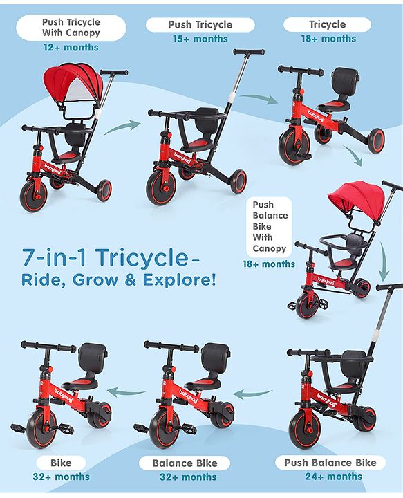 Babyhug 7 in 1 Baby Cycle Tricycle with Adjustable Parent Handle - Yellow