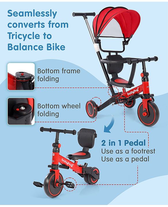 Babyhug 7 in 1 Baby Cycle Tricycle with Adjustable Parent Handle - Yellow