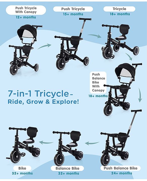 Babyhug 7 in 1 Baby Cycle Tricycle with Adjustable Parent Handle - Yellow