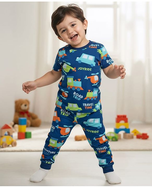 Babyhug Cotton Knit Half Sleeves Co-Ords Nightsuit With Helicopter Print - Navy Blue