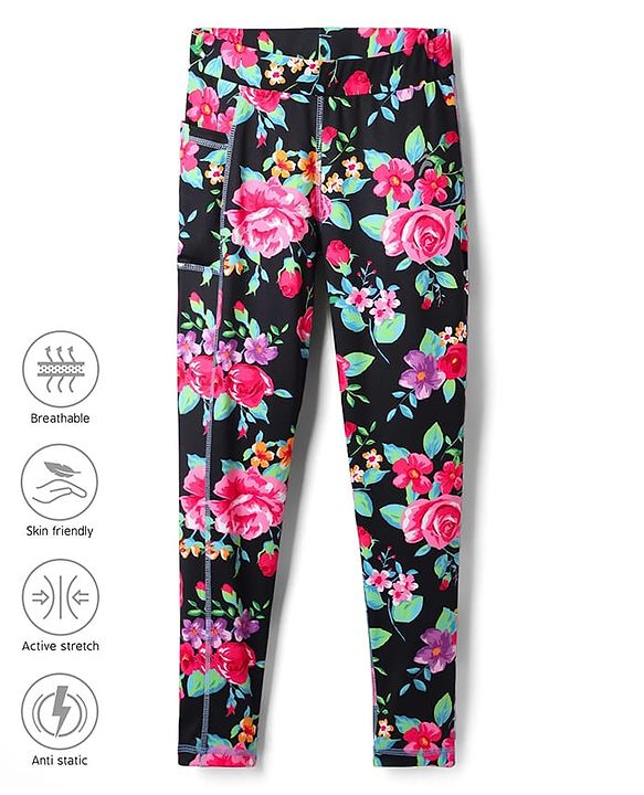 Pine Active Knit Full Length Super Stretch Leggings with Floral Print - Black