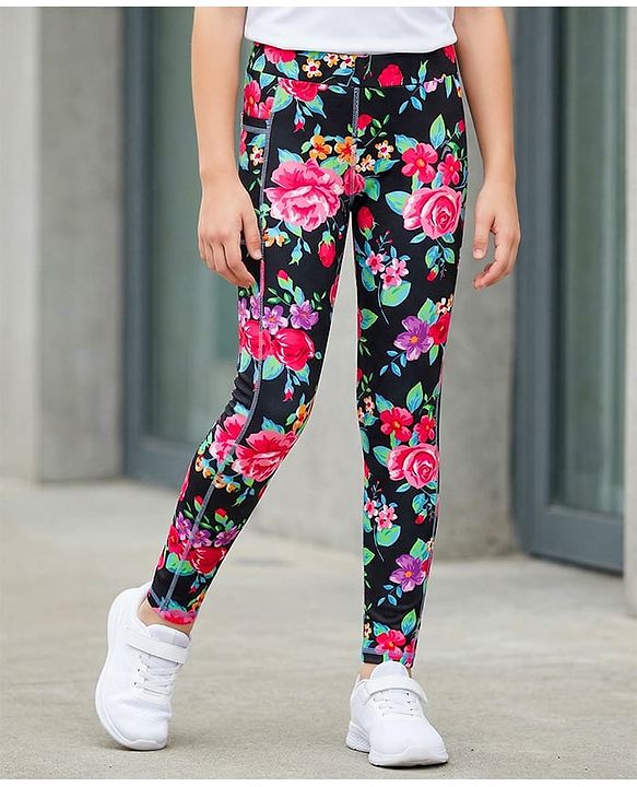 Pine Active Knit Full Length Super Stretch Leggings with Floral Print - Black