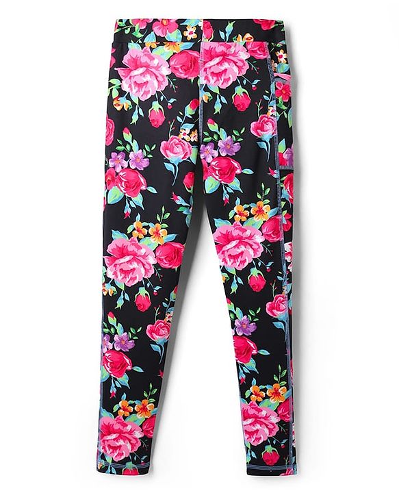 Pine Active Knit Full Length Super Stretch Leggings with Floral Print - Black