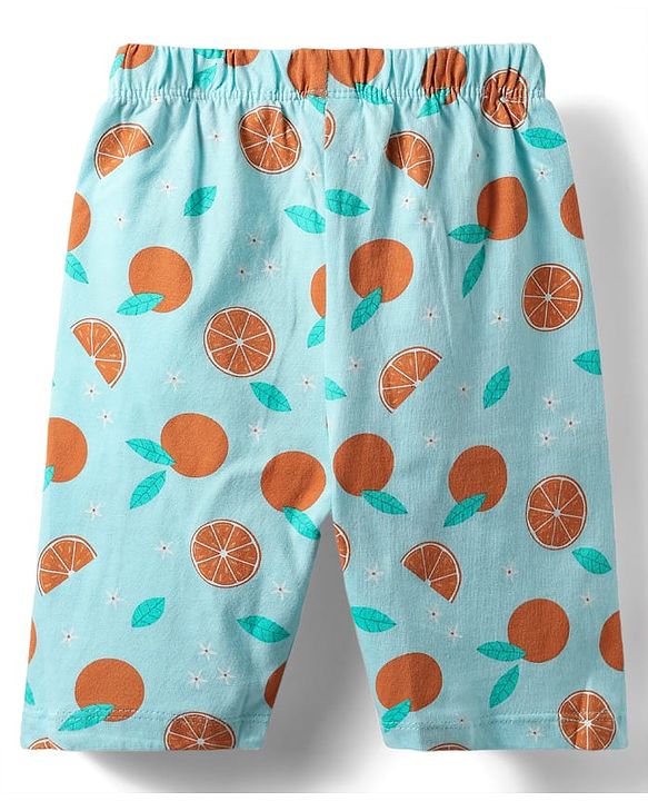 Babyhug Cotton Knit Frill Sleeves Capri Night Suit With Parrot & Orange Print - Light Blue