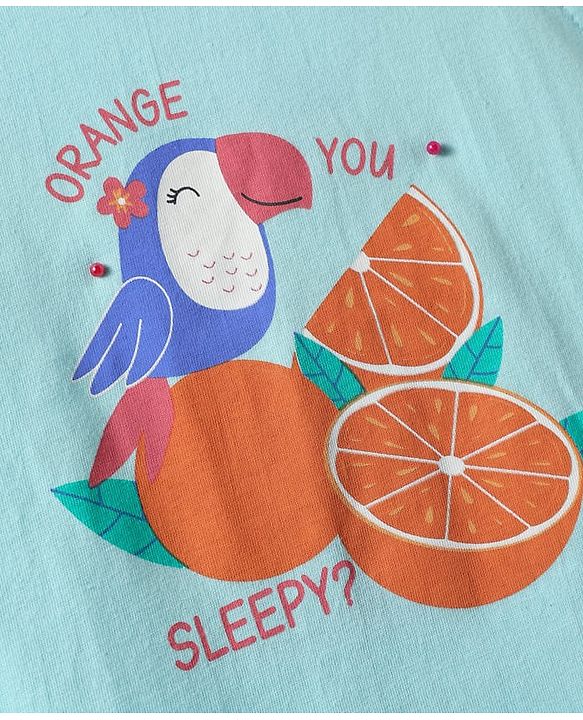 Babyhug Cotton Knit Frill Sleeves Capri Night Suit With Parrot & Orange Print - Light Blue