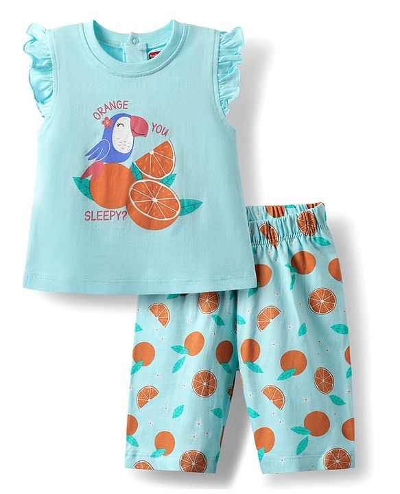 Babyhug Cotton Knit Frill Sleeves Capri Night Suit With Parrot & Orange Print - Light Blue