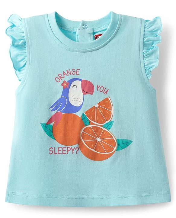 Babyhug Cotton Knit Frill Sleeves Capri Night Suit With Parrot & Orange Print - Light Blue