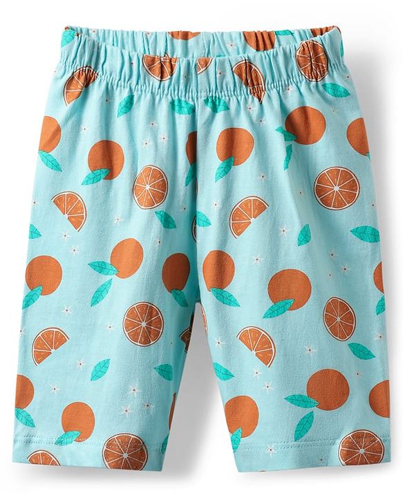 Babyhug Cotton Knit Frill Sleeves Capri Night Suit With Parrot & Orange Print - Light Blue